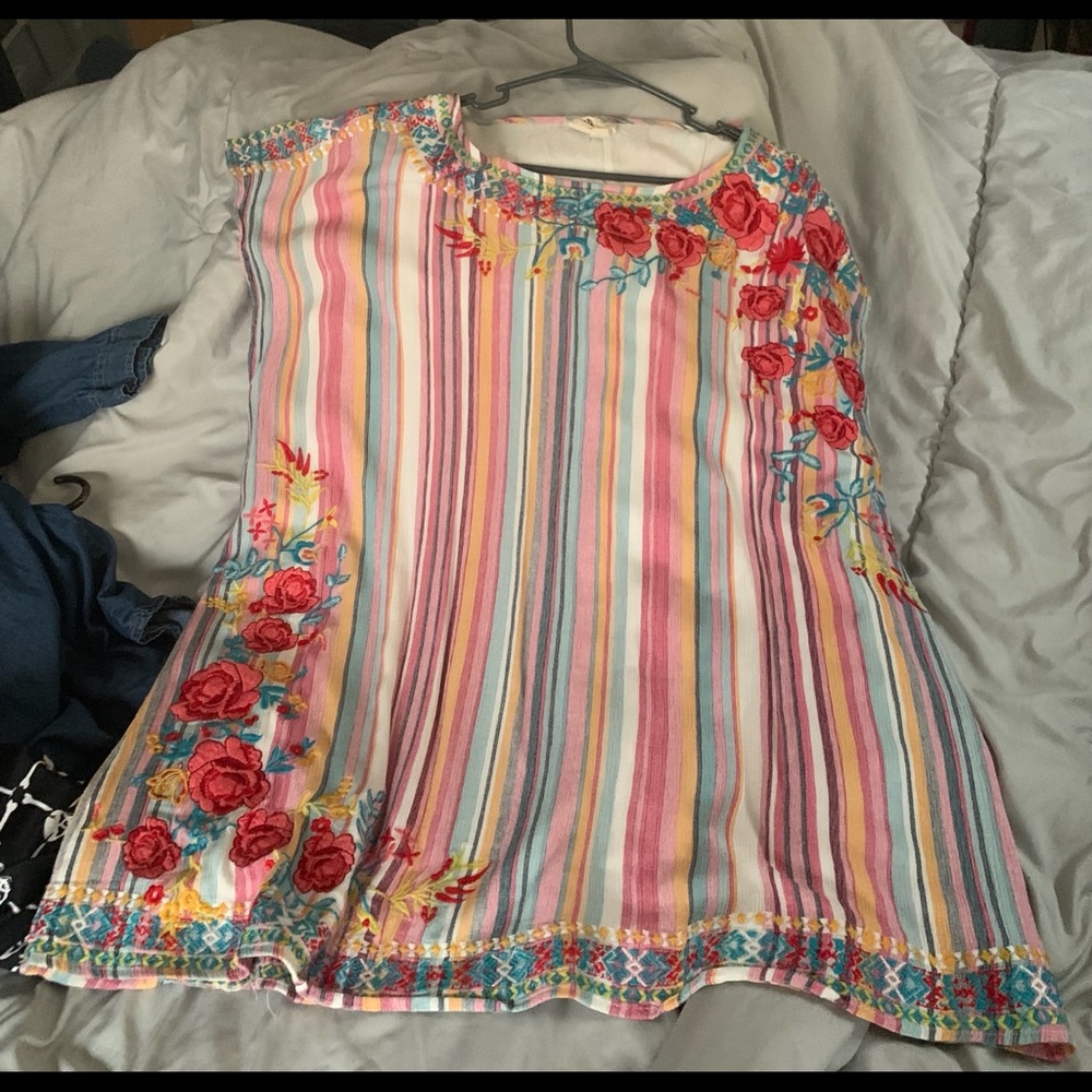 Striped dress with floral embroidery